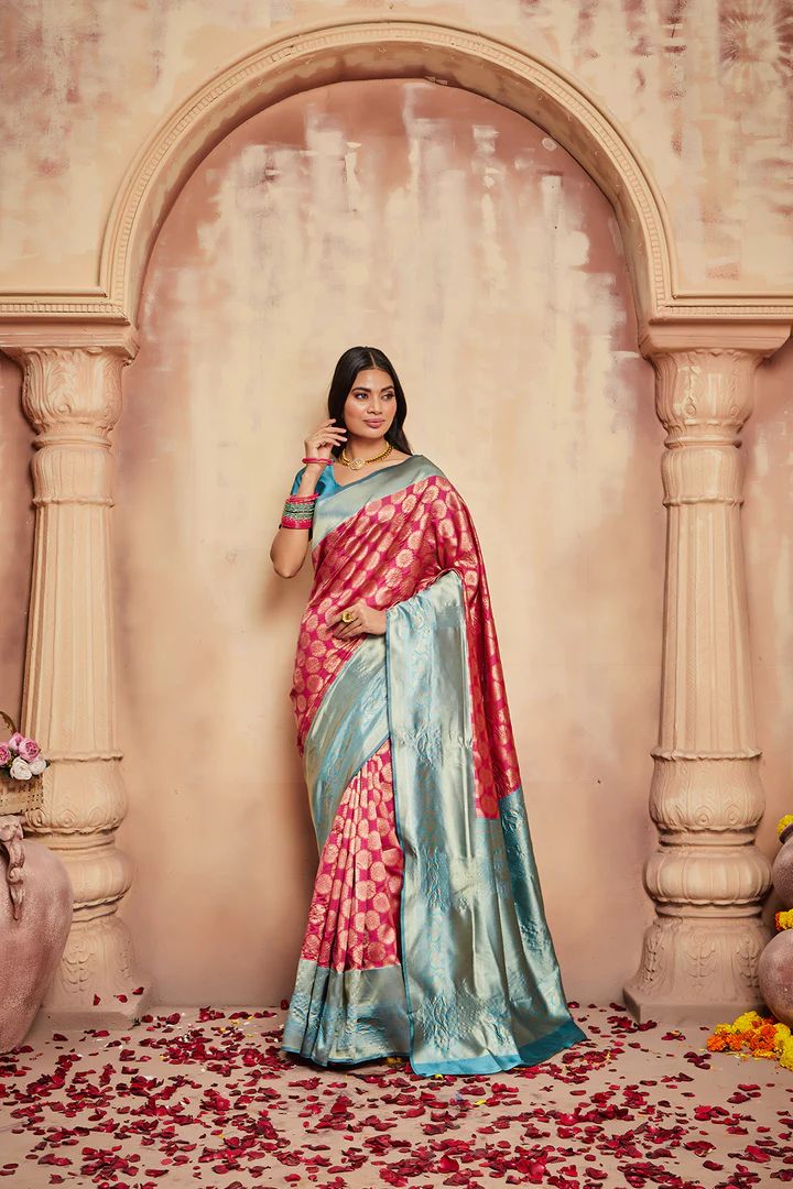 Woven Banarasi Pure Silk Saree  (Pink)