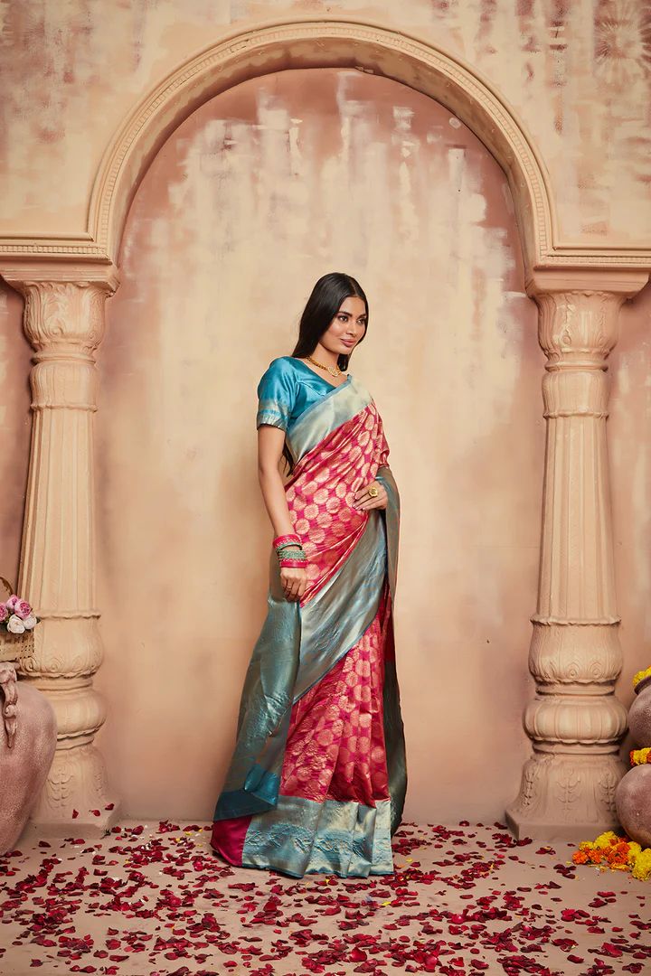 Woven Banarasi Pure Silk Saree  (Pink)