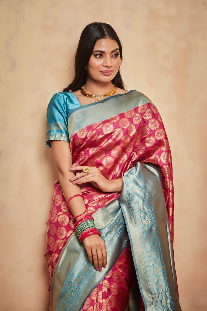 Woven Banarasi Pure Silk Saree  (Pink)