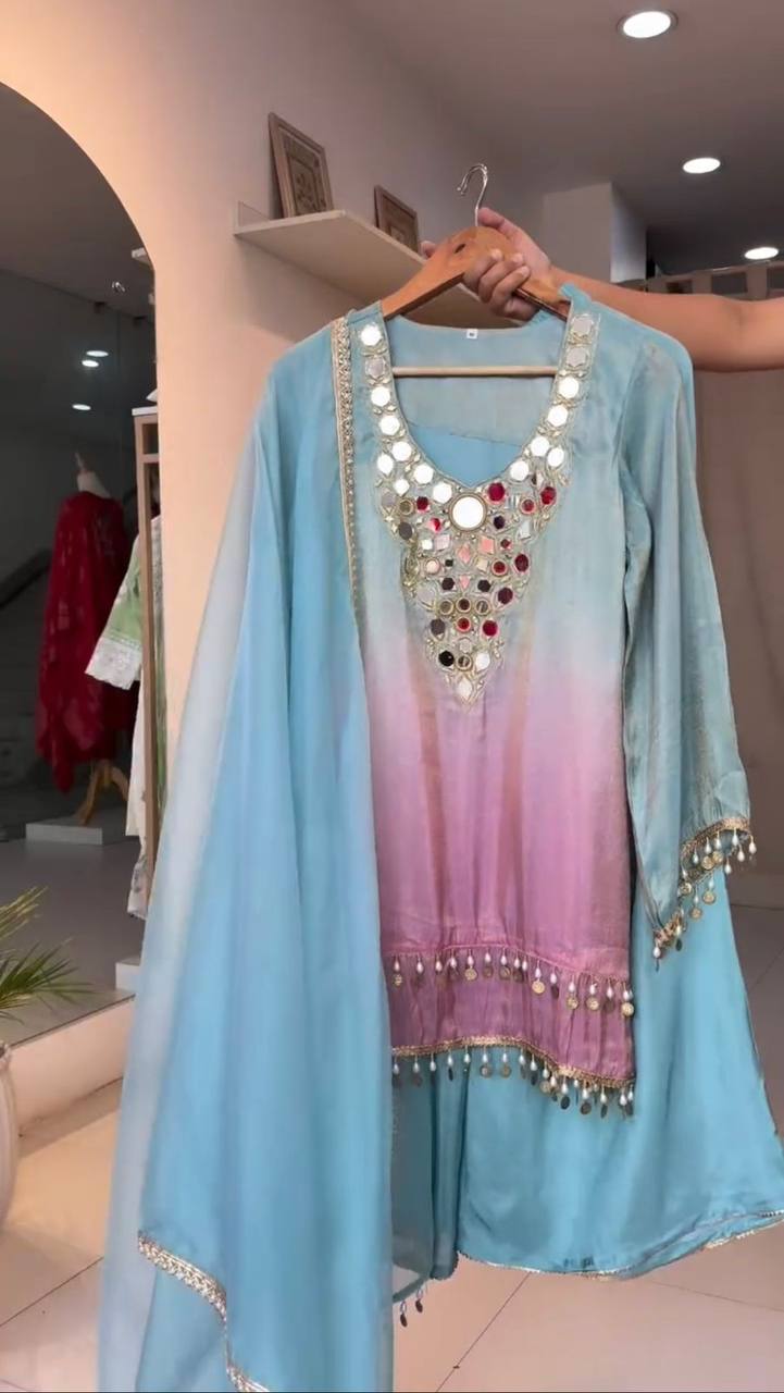 Exclusive Printed Crape Silk Palazzo Set with Dupatta – Mirror & Embroidery Work