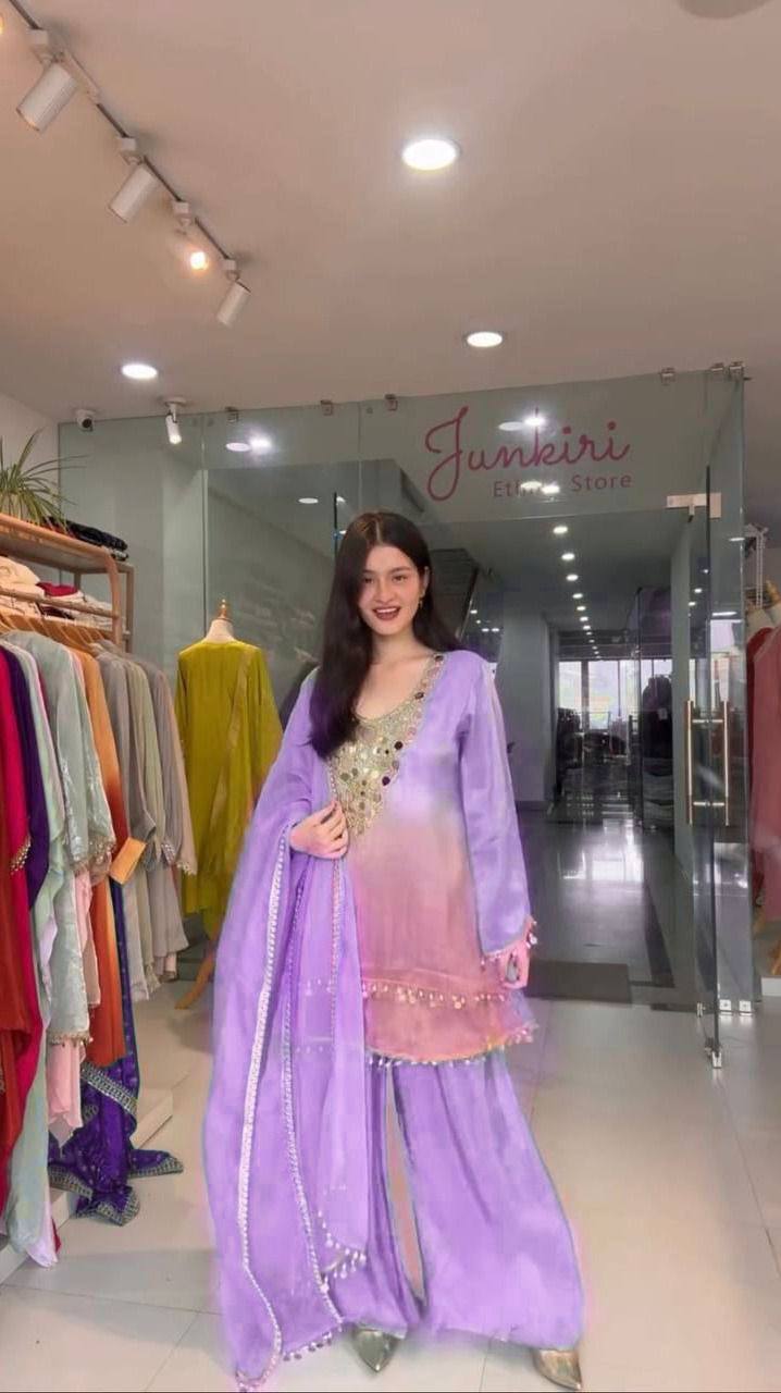 Exclusive Printed Crape Silk Palazzo Set with Dupatta – Mirror & Embroidery Work