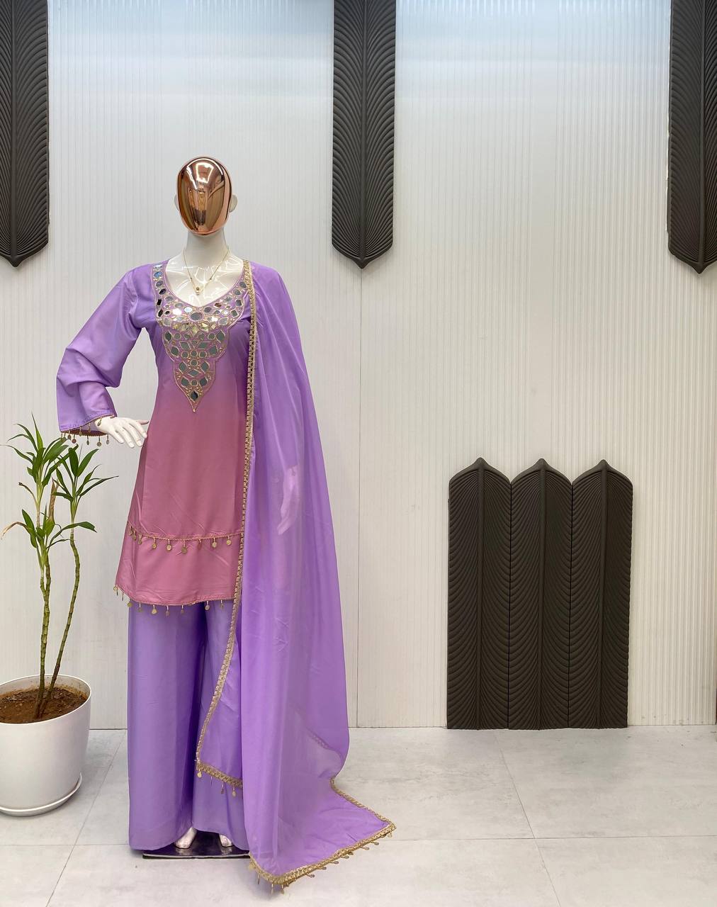 Exclusive Printed Crape Silk Palazzo Set with Dupatta – Mirror & Embroidery Work