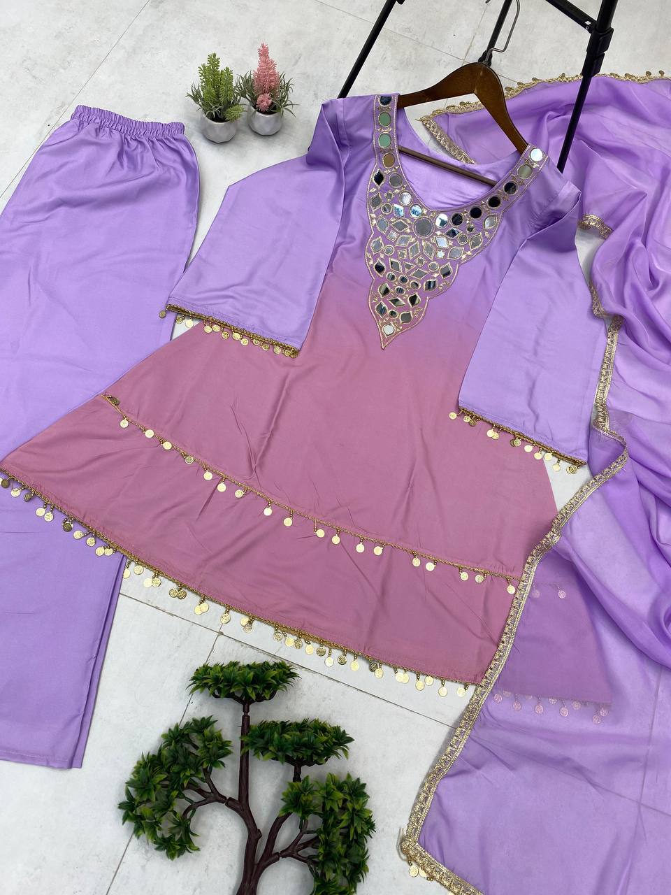 Exclusive Printed Crape Silk Palazzo Set with Dupatta – Mirror & Embroidery Work