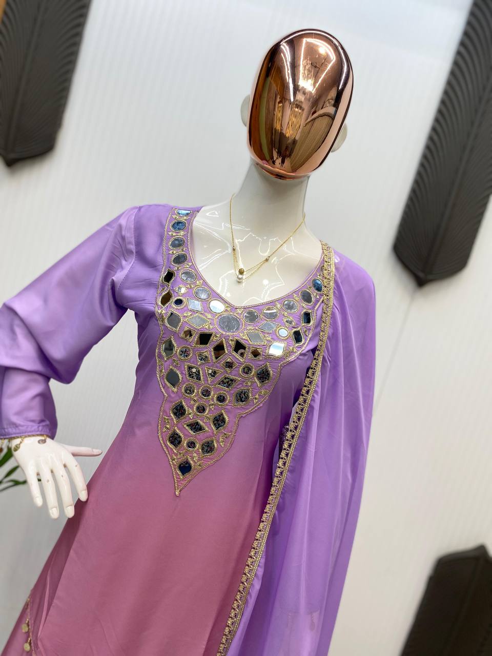 Exclusive Printed Crape Silk Palazzo Set with Dupatta – Mirror & Embroidery Work