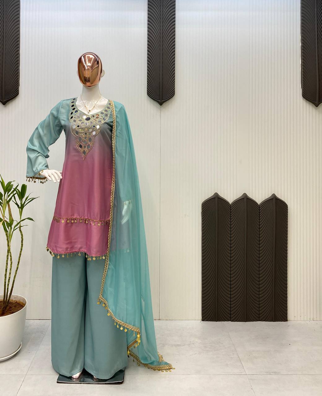 Exclusive Printed Crape Silk Palazzo Set with Dupatta – Mirror & Embroidery Work