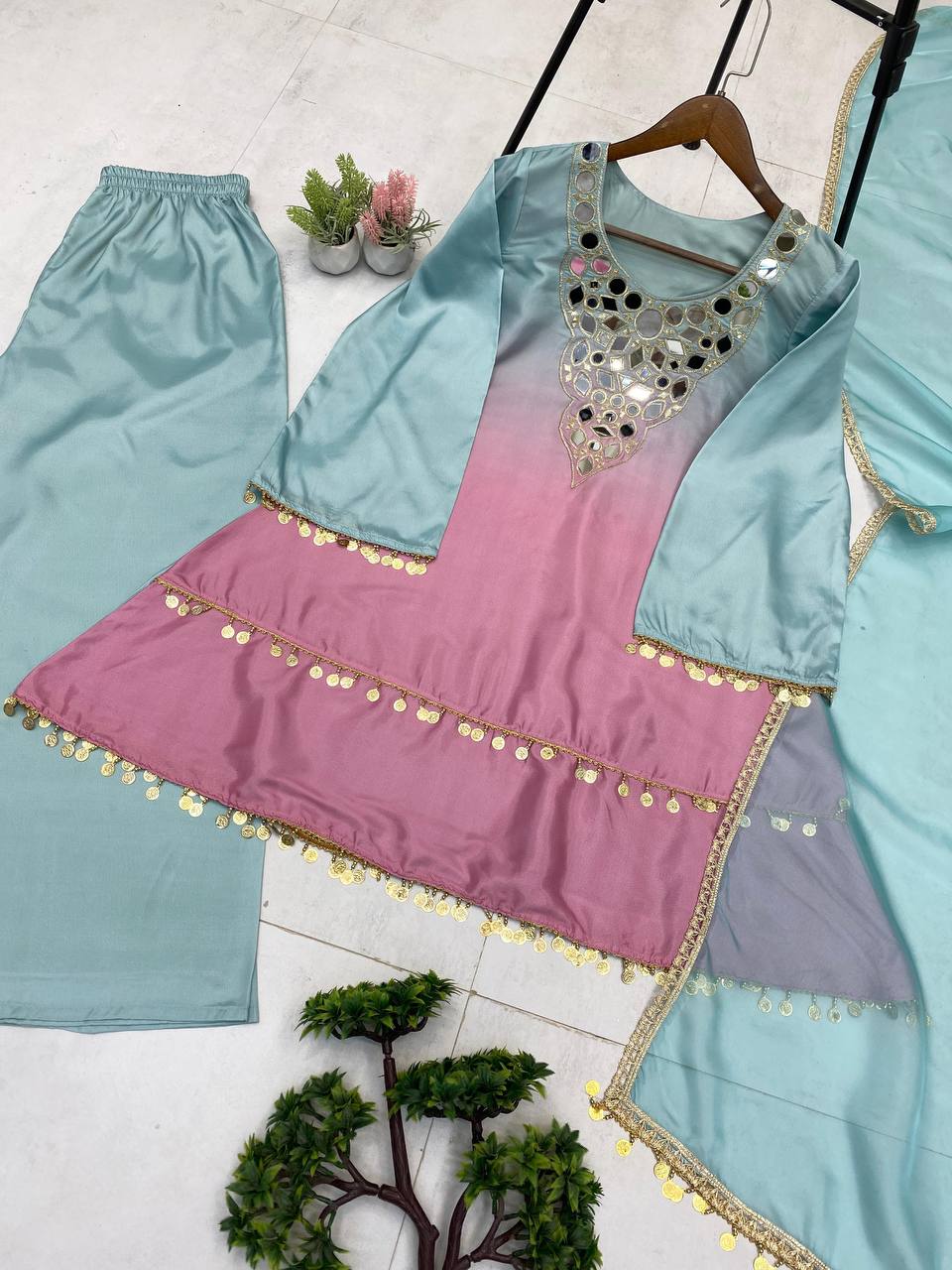 Exclusive Printed Crape Silk Palazzo Set with Dupatta – Mirror & Embroidery Work