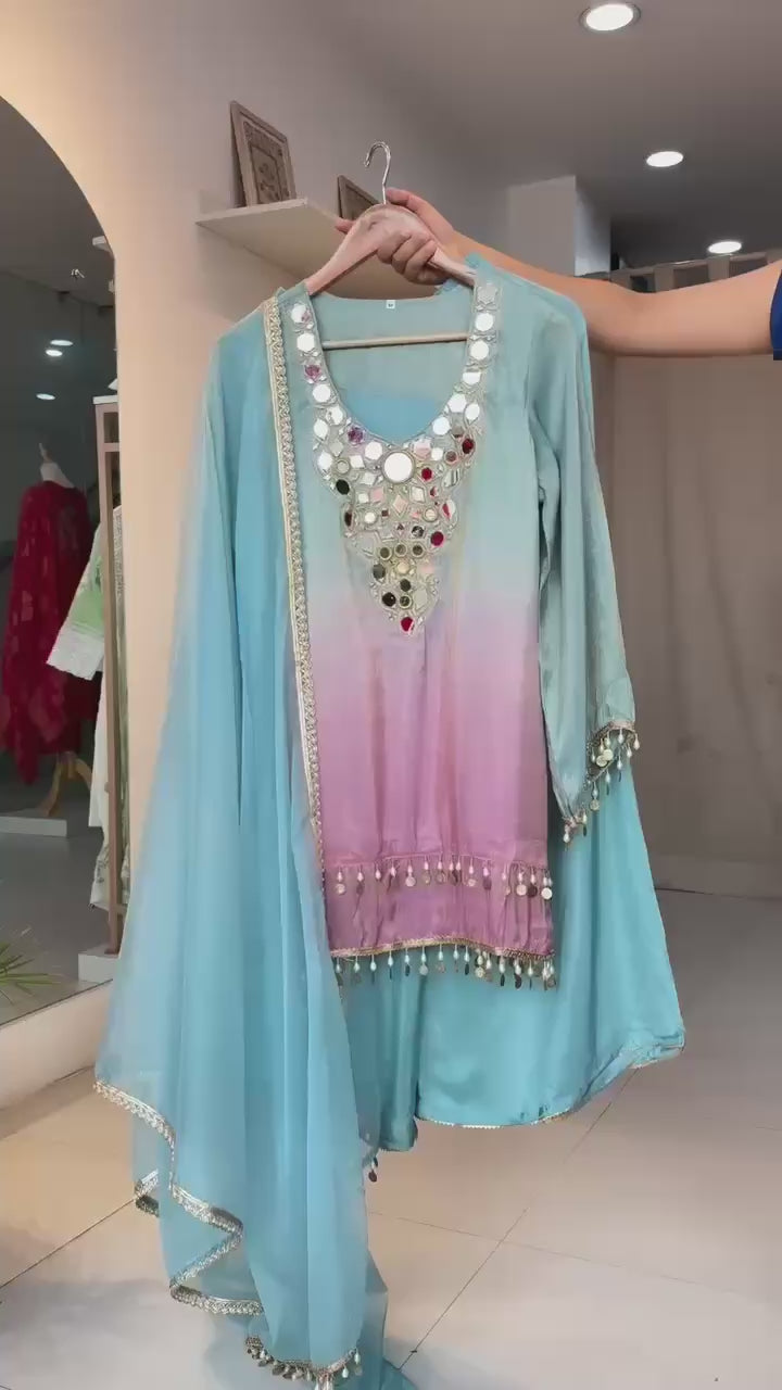 Exclusive Printed Crape Silk Palazzo Set with Dupatta – Mirror & Embroidery Work
