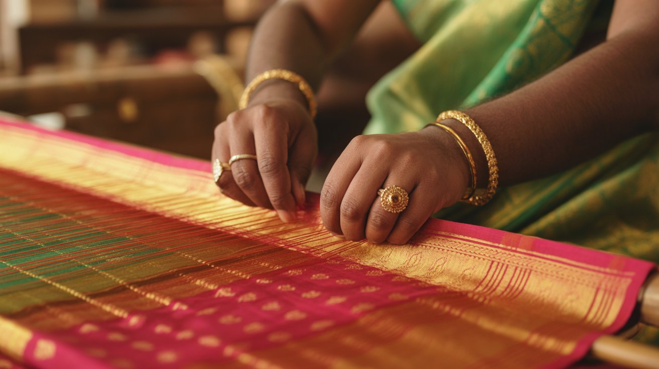 Artisan weaving authentic Kanjivaram silk saree with gold zari threads at Maharani Weaves