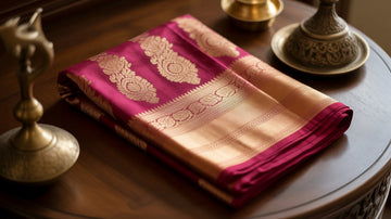 Folded Banarasi silk saree in maroon and gold with intricate zari motifs, displayed on wooden table with brass decor, luxury Indian craftsmanship by Maharani Weaves.