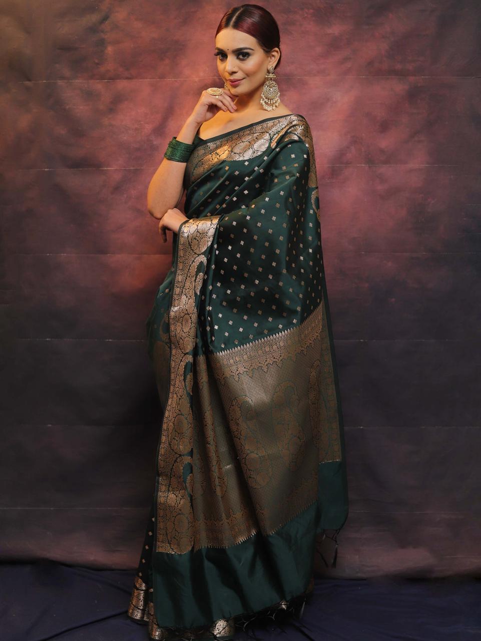 New Trendy Dark Green Marvellous Soft Banarasi Silk Saree With Unique Blouse Piece