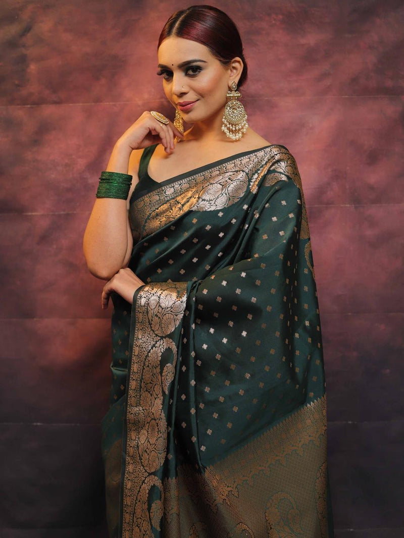 New Trendy Dark Green Marvellous Soft Banarasi Silk Saree With Unique Blouse Piece