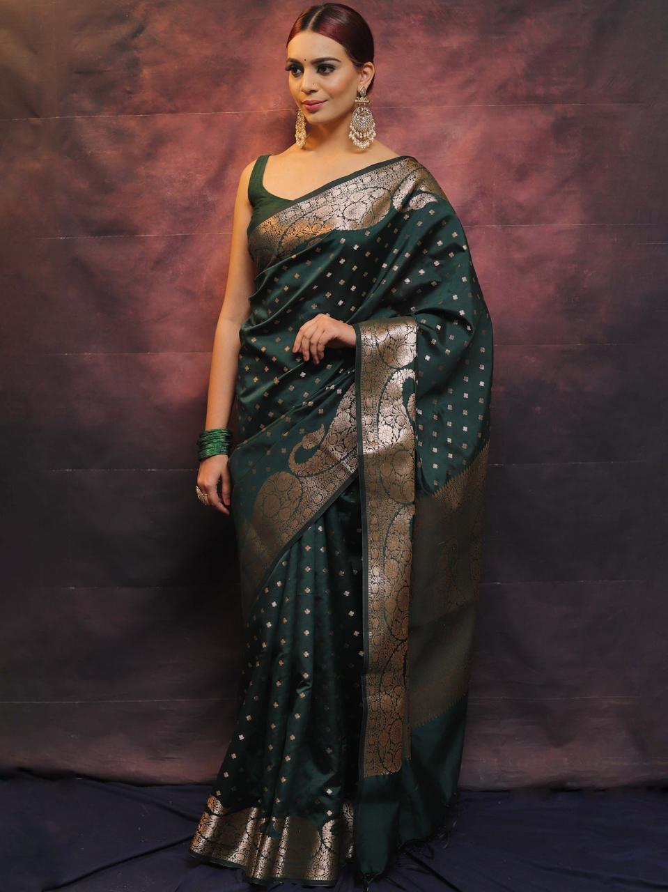 New Trendy Dark Green Marvellous Soft Banarasi Silk Saree With Unique Blouse Piece