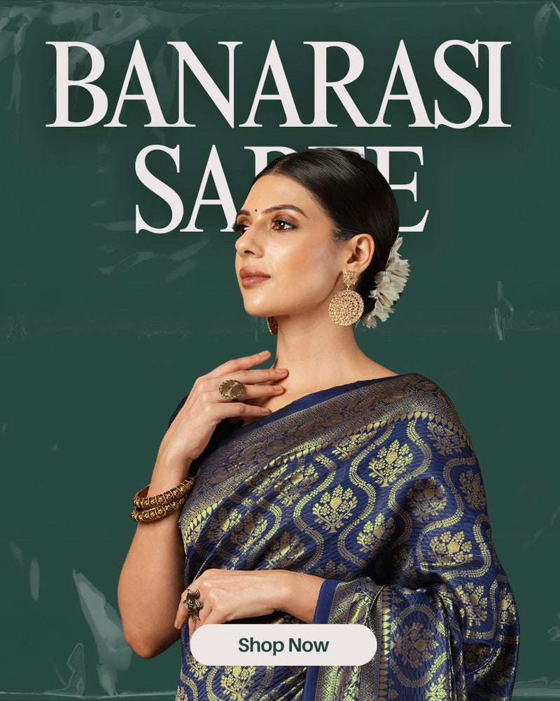 Woman wearing a Banarasi saree with a green background and 'Shop Now' button.