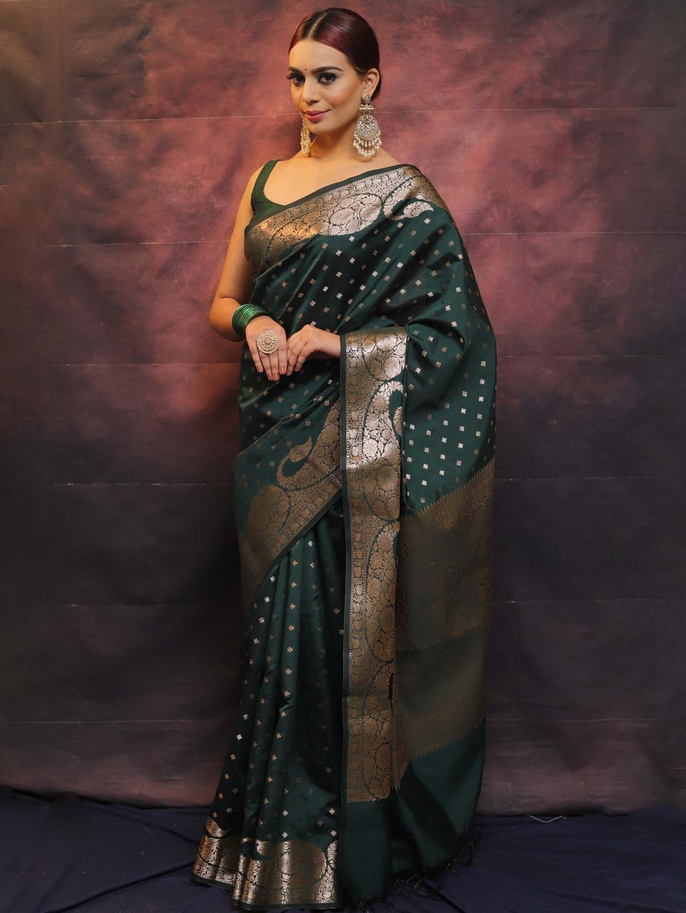 New Trendy Dark Green Marvellous Soft Banarasi Silk Saree With Unique Blouse Piece