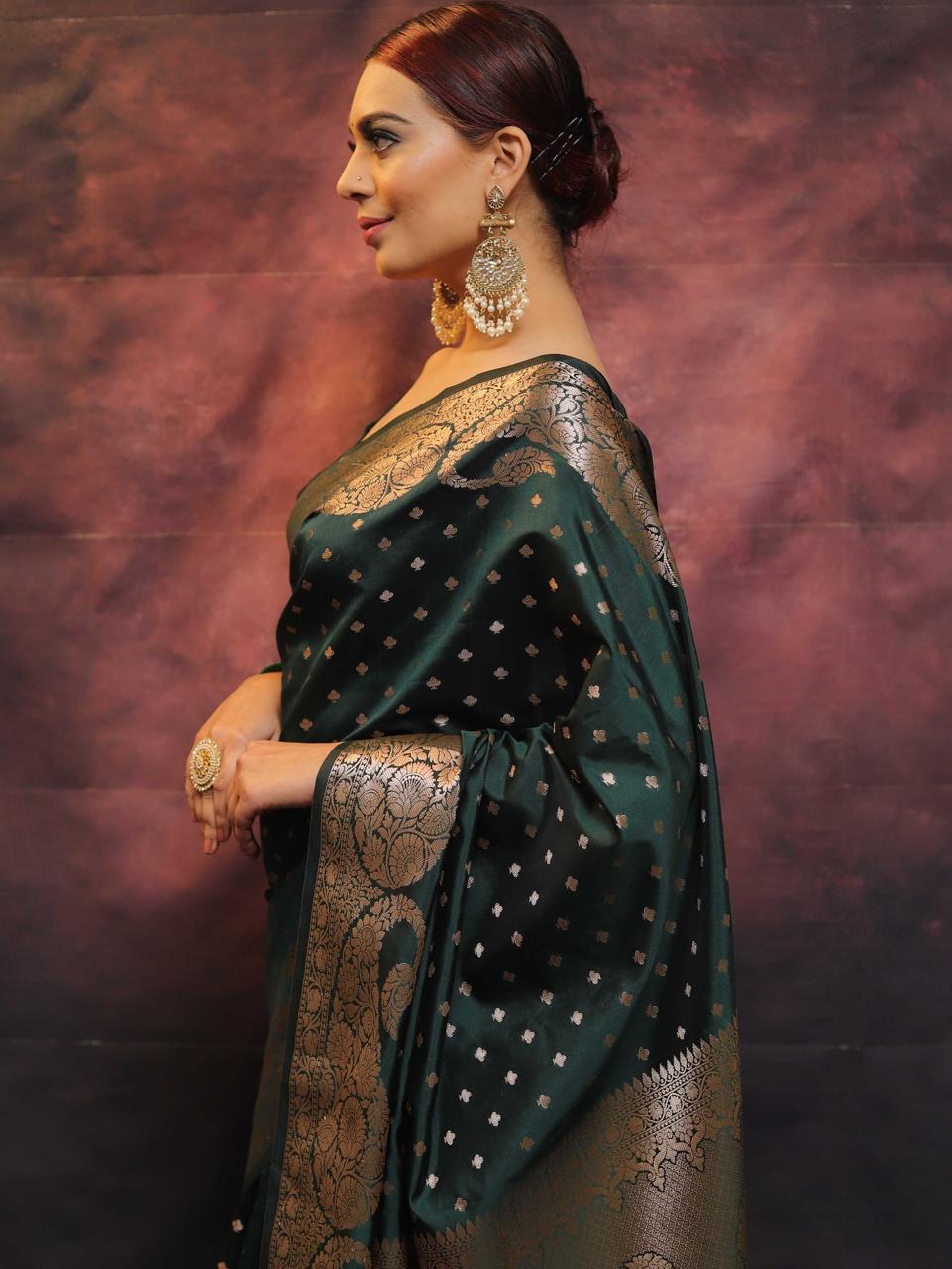 New Trendy Dark Green Marvellous Soft Banarasi Silk Saree With Unique Blouse Piece