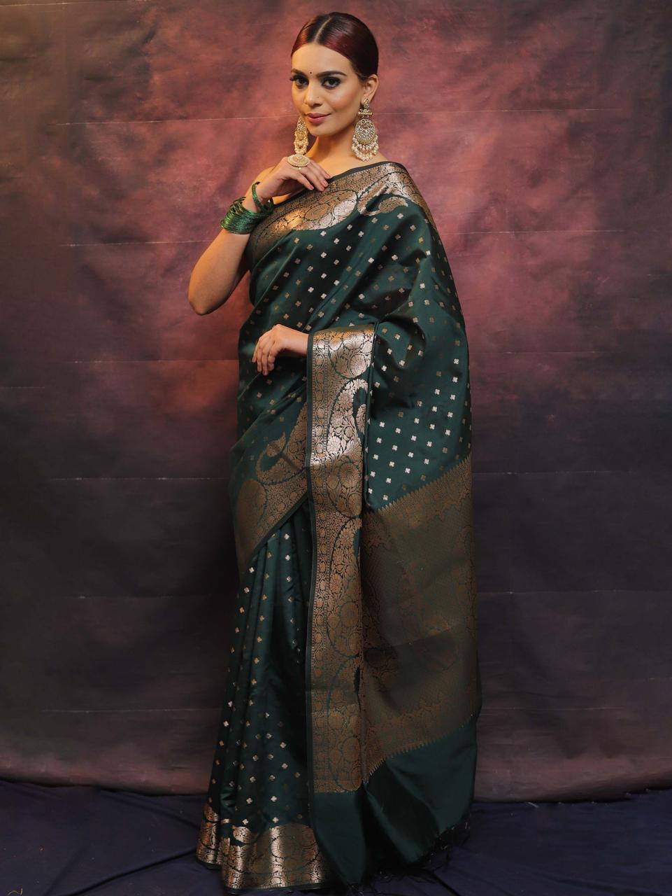 New Trendy Dark Green Marvellous Soft Banarasi Silk Saree With Unique Blouse Piece