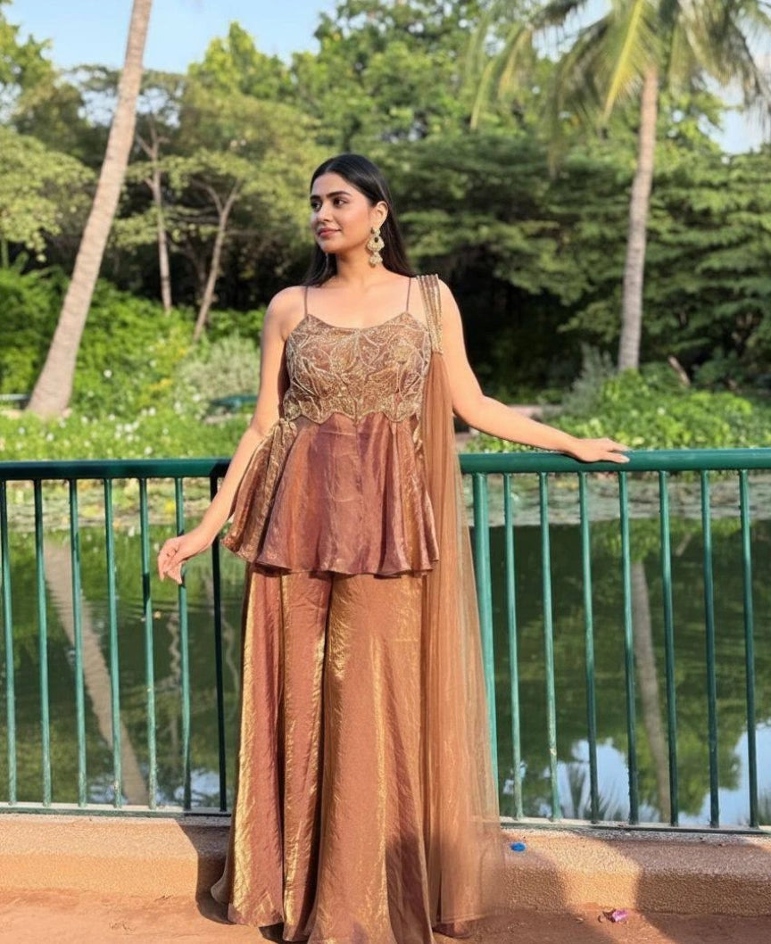 Brown Organza Silk Embroidery Work Salwar Suit