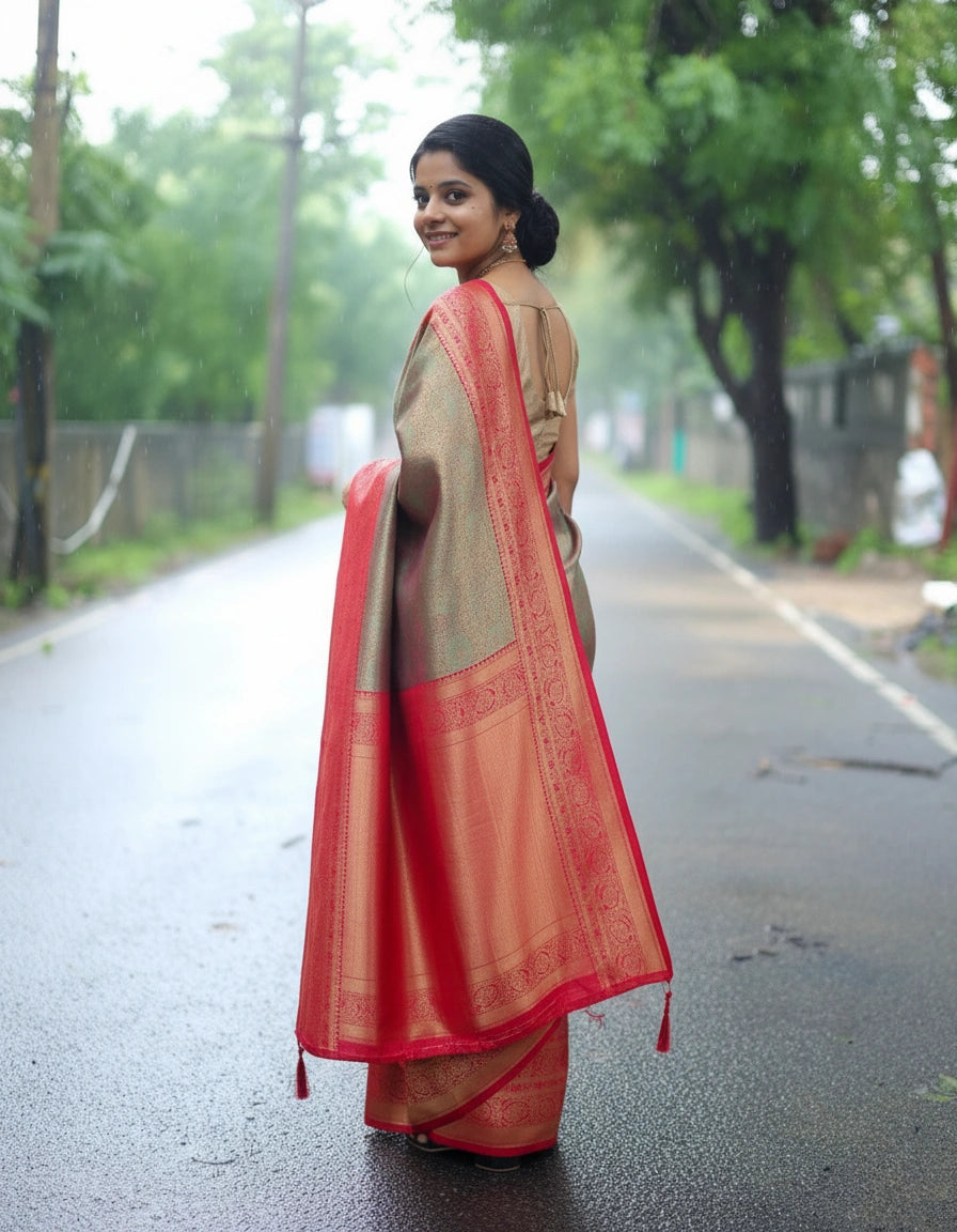 Woman in a traditional saree standing on a road with trees in the background