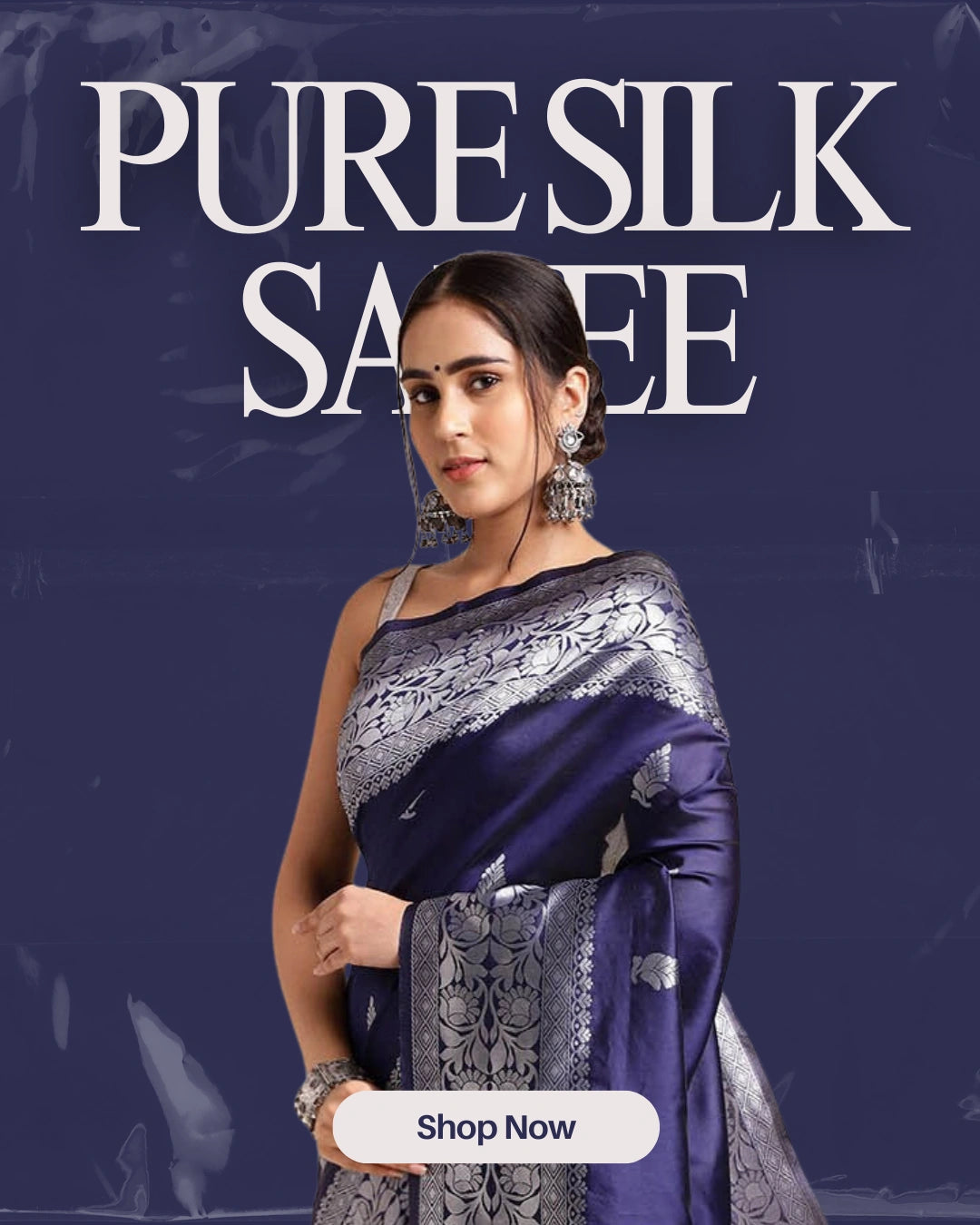 Woman wearing a purple and gray saree with 'PURE SILK SAREE' text and 'Shop Now' button on a dark blue background.