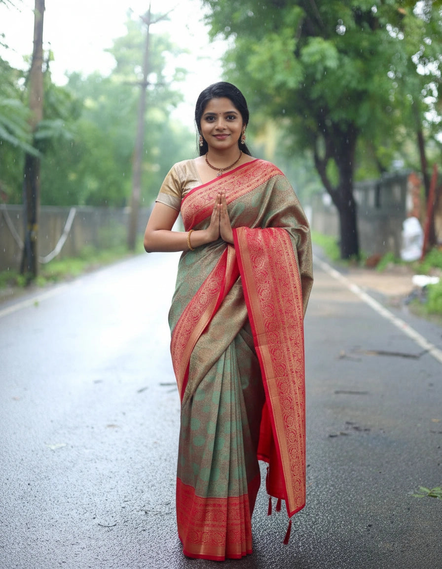 Woman in a red and green saree standing on a road with greenery in the background