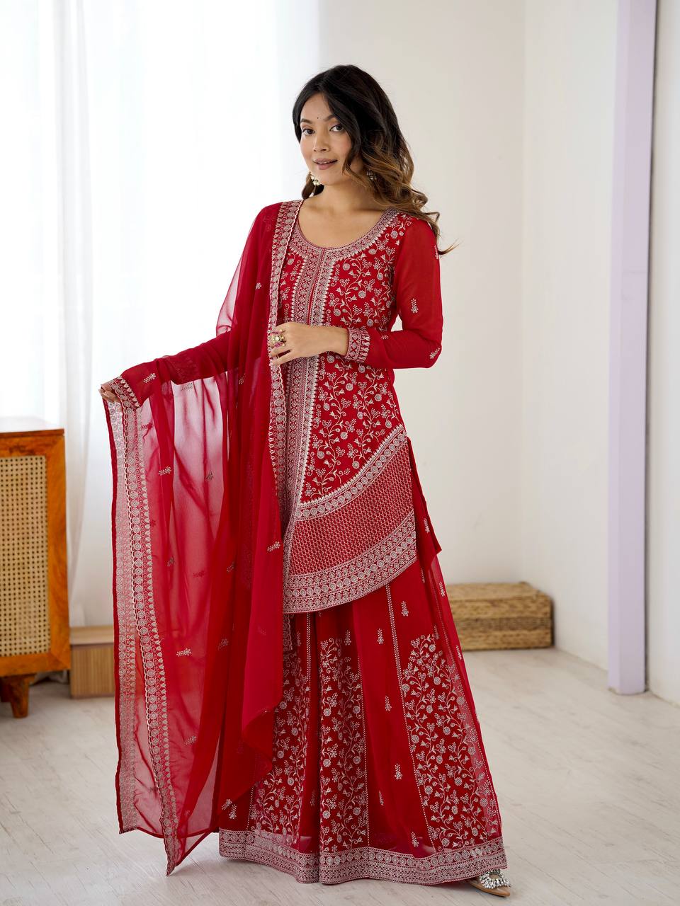 SP Series Faux Georgette Embroidered Top with Plazo & Dupatta Set