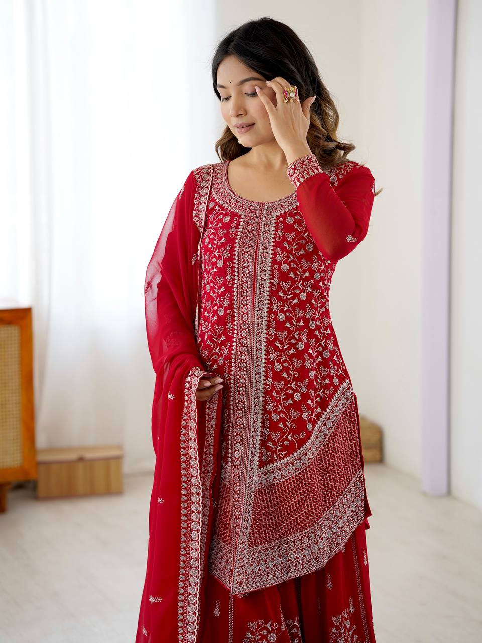 SP Series Faux Georgette Embroidered Top with Plazo & Dupatta Set