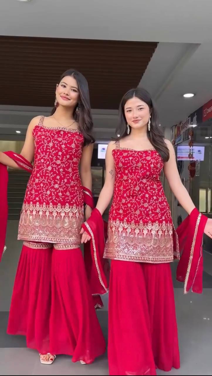 Faux Georgette Embroidered Kurti Sharara Set with Dupatta