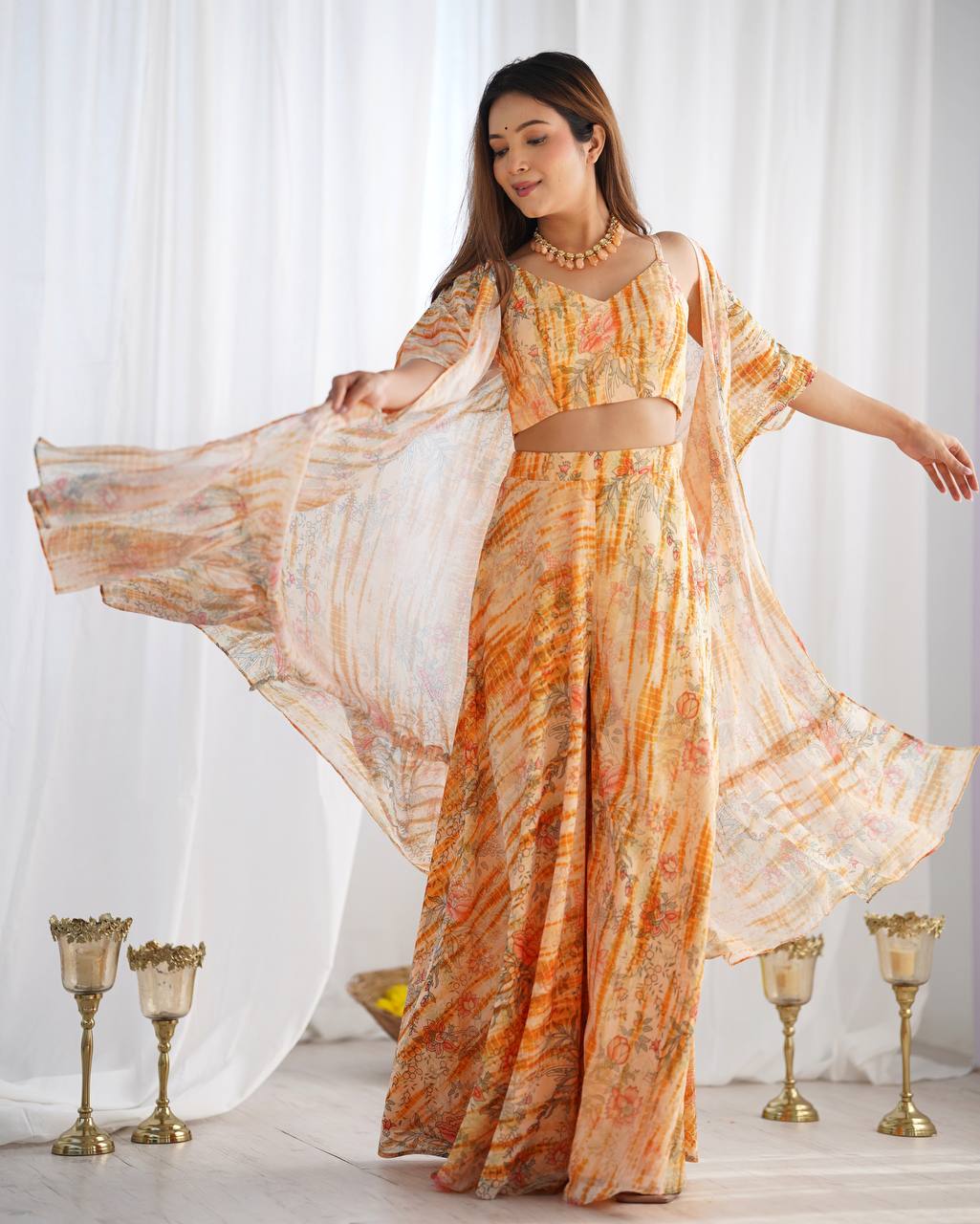 Indo Western Floral Georgette Shrug Set with Palazzo