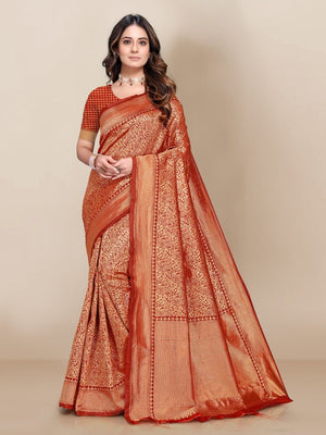Woman wearing a traditional orange saree with a plain background