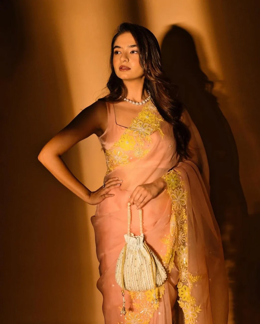 Anushka Sen Inspired Organza Zari Sequin Designer Saree