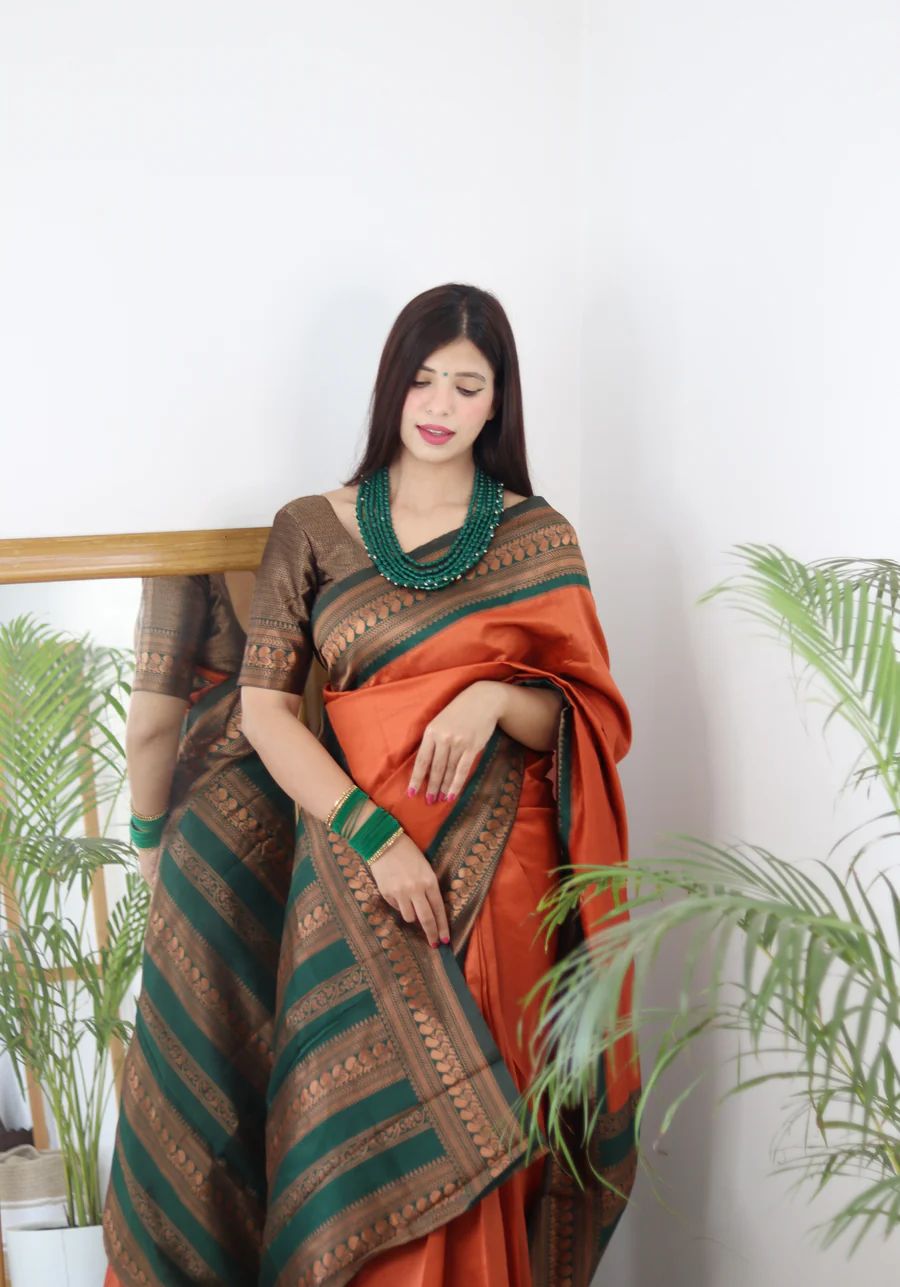 Orange Banarasi Soft Silk Saree with Zari Weaving & Matching Blouse
