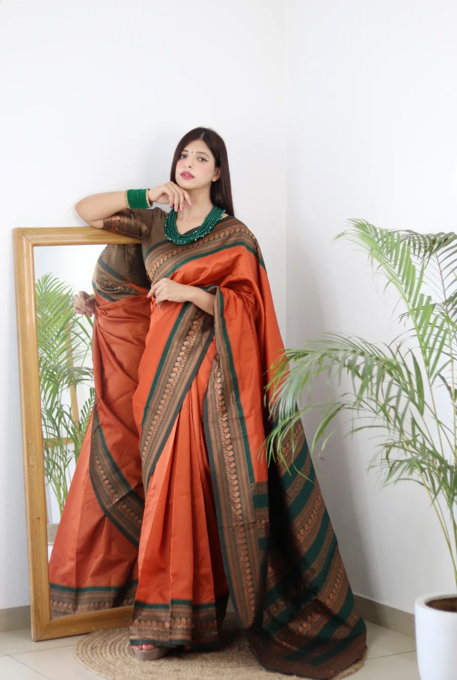 Orange Banarasi Soft Silk Saree with Zari Weaving & Matching Blouse