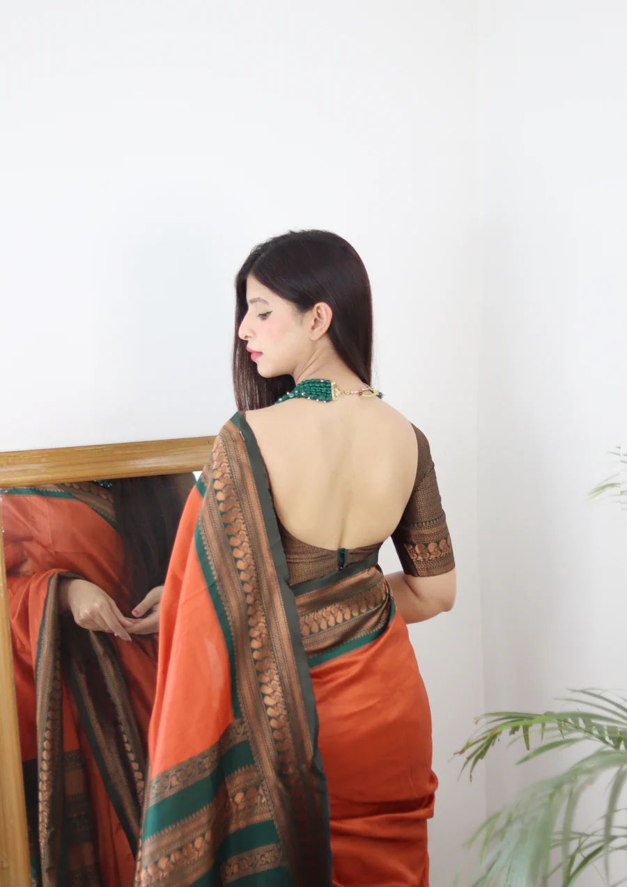 Orange Banarasi Soft Silk Saree with Zari Weaving & Matching Blouse