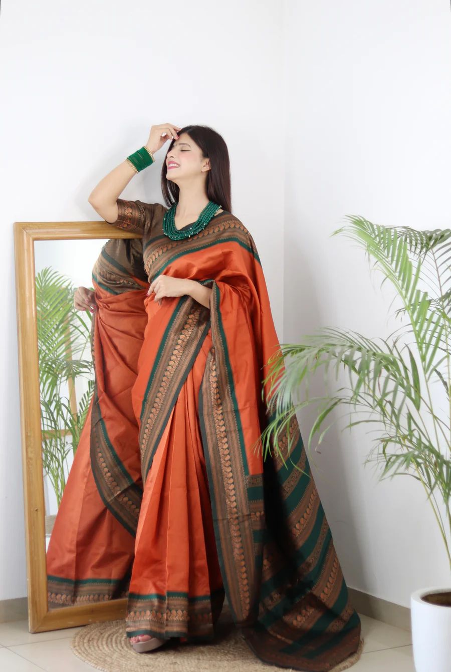 Orange Banarasi Soft Silk Saree with Zari Weaving & Matching Blouse
