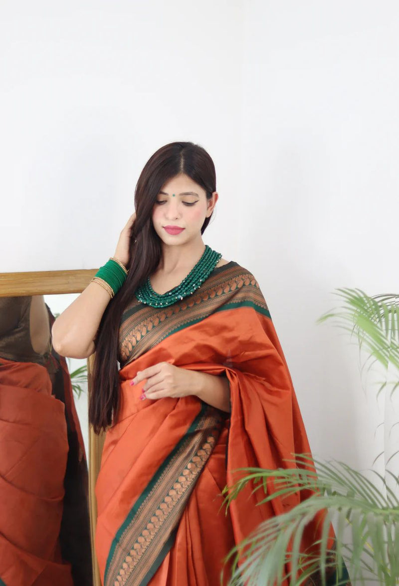 Orange Banarasi Soft Silk Saree with Zari Weaving & Matching Blouse