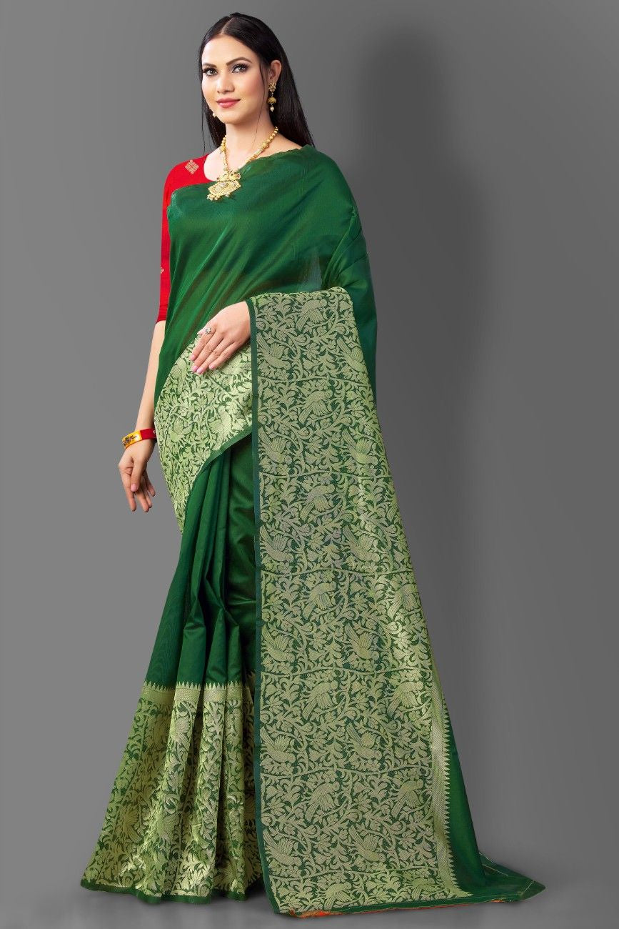 Woman wearing a green saree with a floral pattern on a gray background