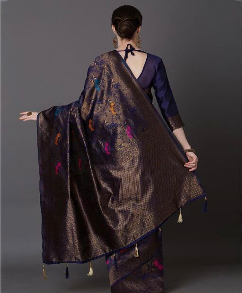 Brood Navy Blue Soft Banarasi Silk Saree With Intricate Blouse Piece
