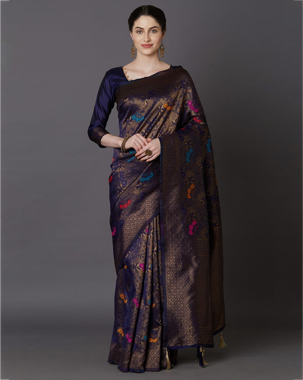Brood Navy Blue Soft Banarasi Silk Saree With Intricate Blouse Piece
