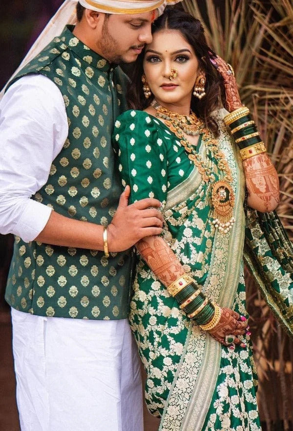 Checkered Bollywood Jacquard, Art Silk Saree (Green)