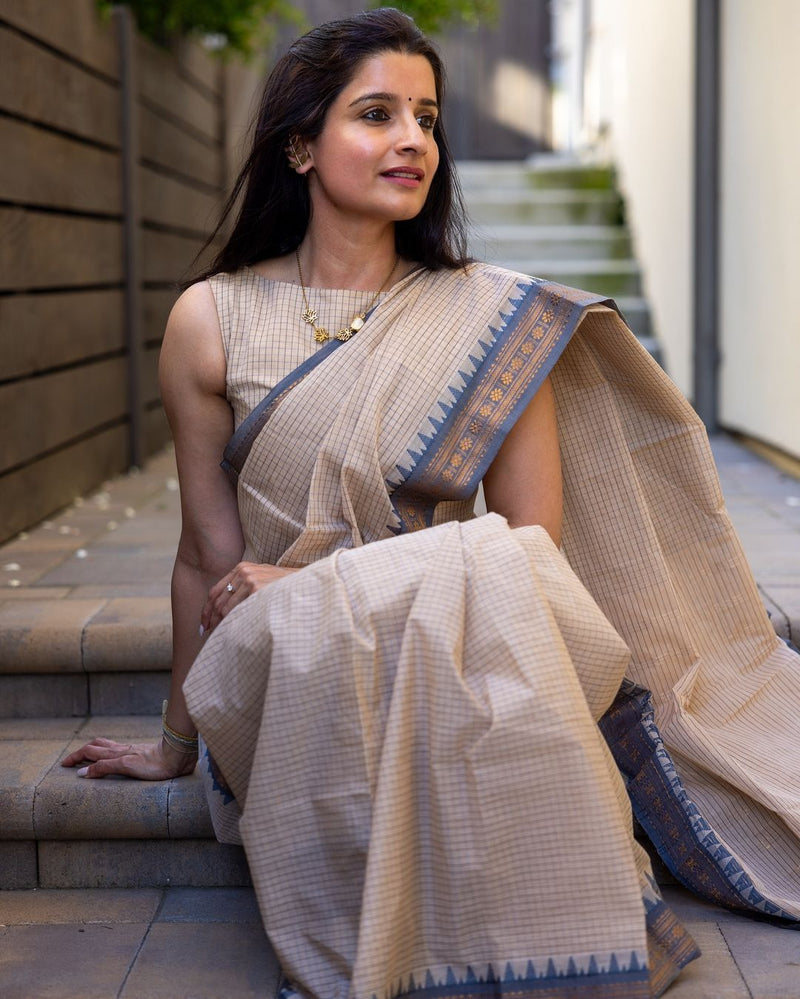 Demesne Beige Kanjivaram Silk Saree With Demure Blouse Piece