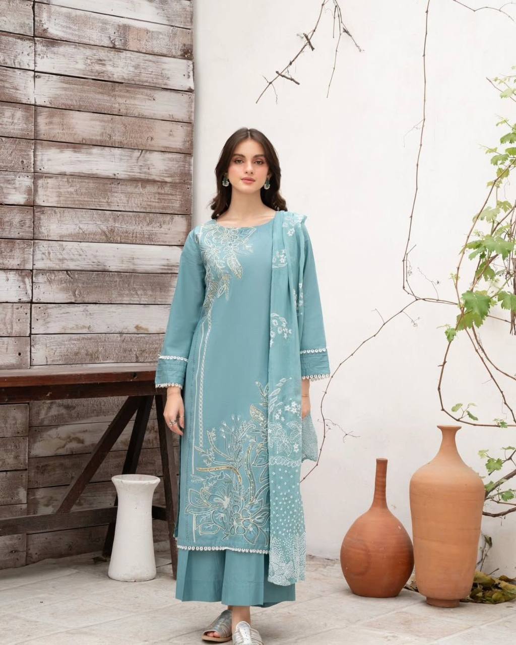 Designer Roman Silk Suit with Sequence Embroidery Work, Pant & Dupatta