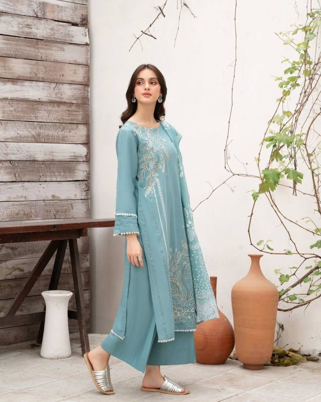 Designer Roman Silk Suit with Sequence Embroidery Work, Pant & Dupatta