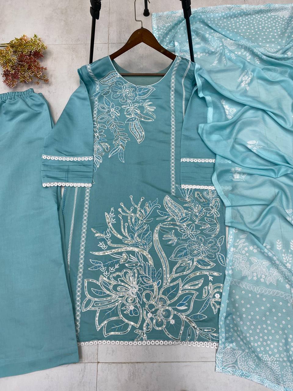 Designer Roman Silk Suit with Sequence Embroidery Work, Pant & Dupatta