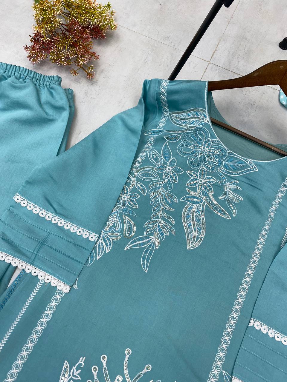 Designer Roman Silk Suit with Sequence Embroidery Work, Pant & Dupatta