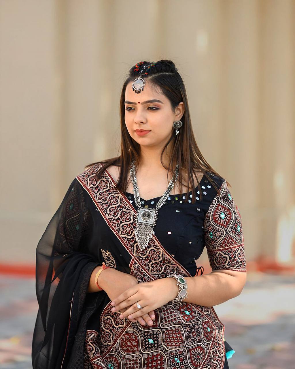 Full Stitched Printed Crape Silk Lehenga Choli with Mirror Work & Dupatta