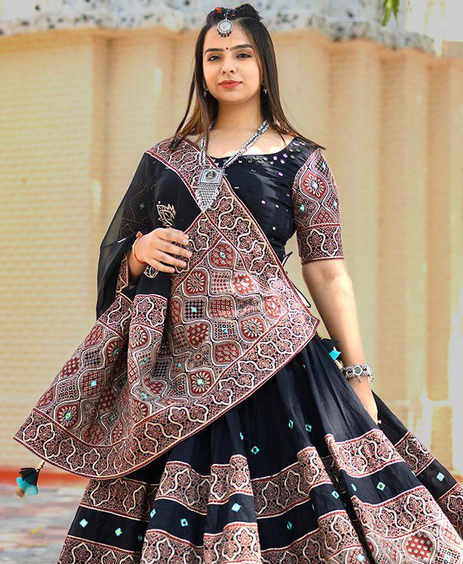 Full Stitched Printed Crape Silk Lehenga Choli with Mirror Work & Dupatta