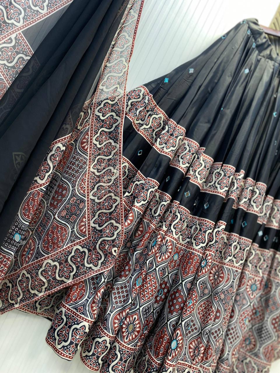 Full Stitched Printed Crape Silk Lehenga Choli with Mirror Work & Dupatta