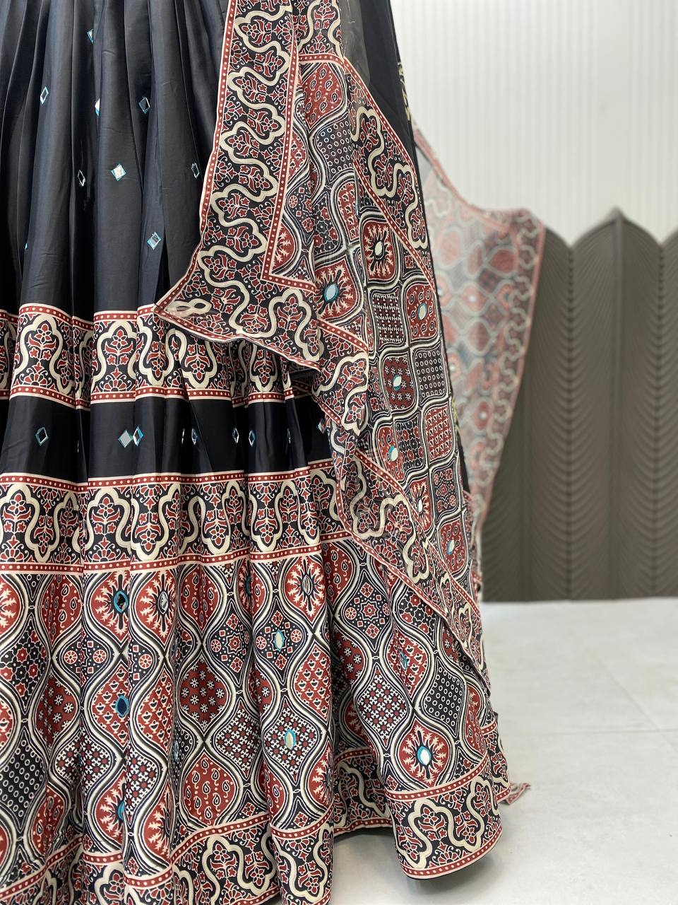 Full Stitched Printed Crape Silk Lehenga Choli with Mirror Work & Dupatta