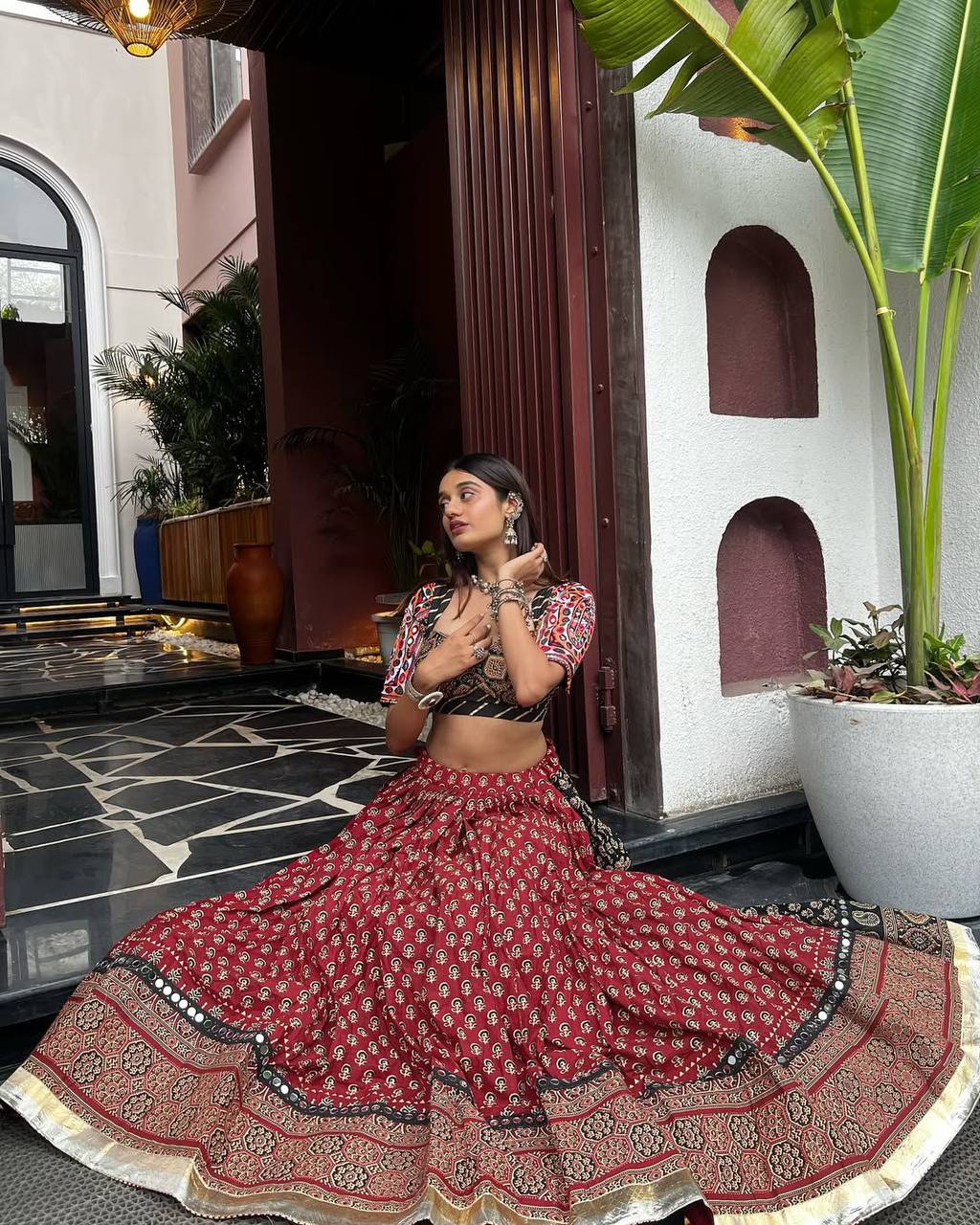 Full Stitched Printed Rayon Lehenga Choli with Real Mirror Work & Dupatta