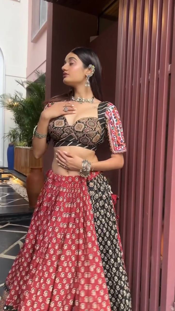 Full Stitched Printed Rayon Lehenga Choli with Real Mirror Work & Dupatta